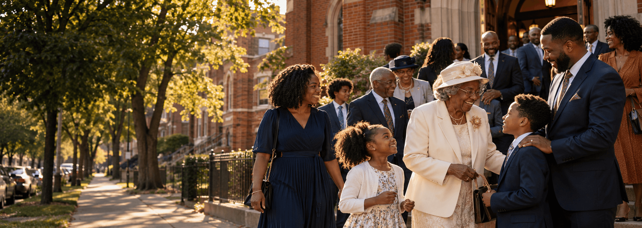 A multigenerational church family sharing fellowship after worship