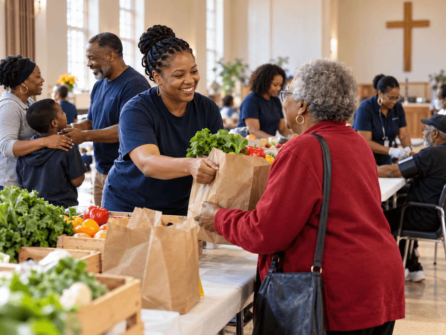 Church volunteers welcoming neighbors at a community food and wellness event